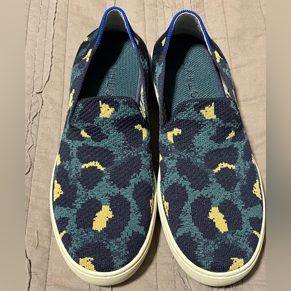 Rothy's Womens Size 9 Blue Spot Leopard Knit Slip On Sneakers Shoes